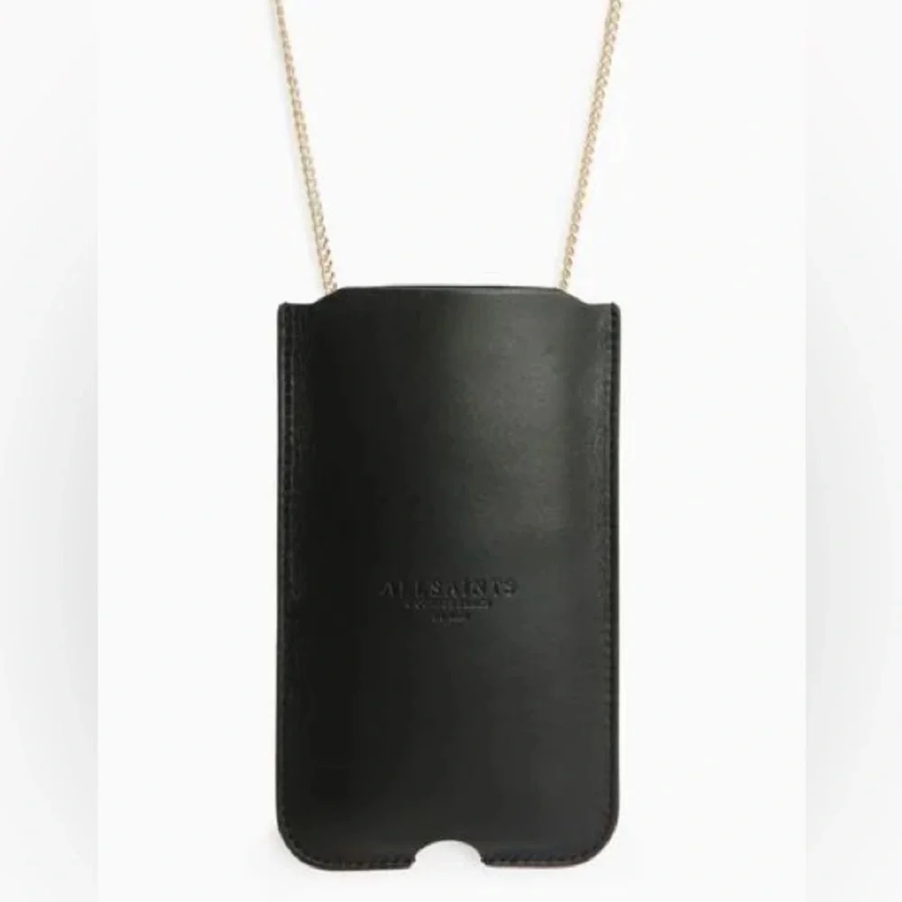 All Saints Black Leather Crossbody Phone Pouch with Gold Chain